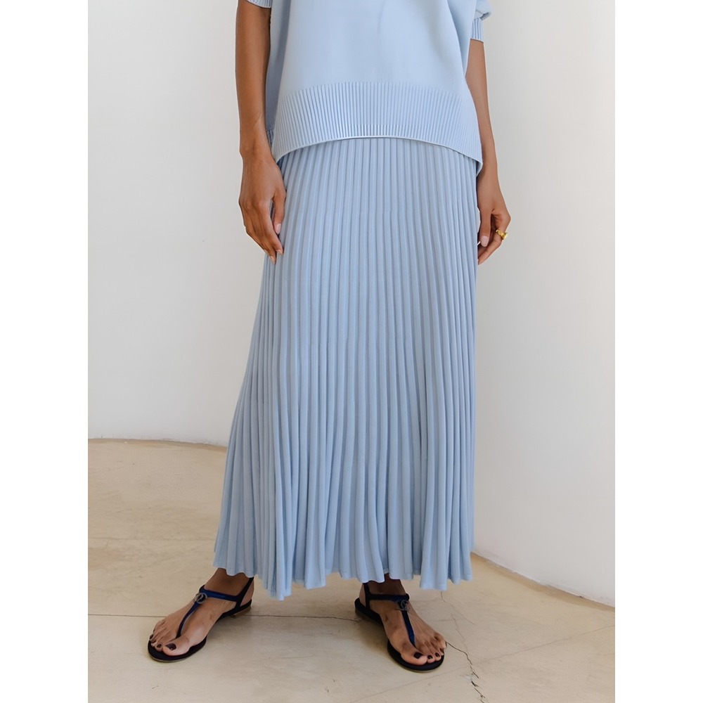 COMMENSE Light Blue Pleated Knit Maxi Skirt Stretch Elegant Size XS